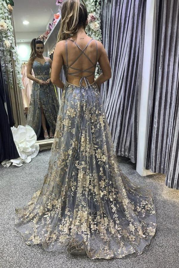 Robe de bal Weitese, longue et modeste, coupe trapèze, col en V, dos nu, en tulle, avec fente